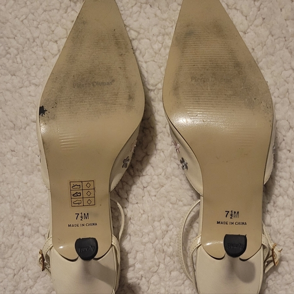 WOMENS PIERRE DUMAS LEATHER POINTED TOE CREAM FLORAL HEELS W/ ANKLE STRAP SZ 7.5 - Picture 5 of 16